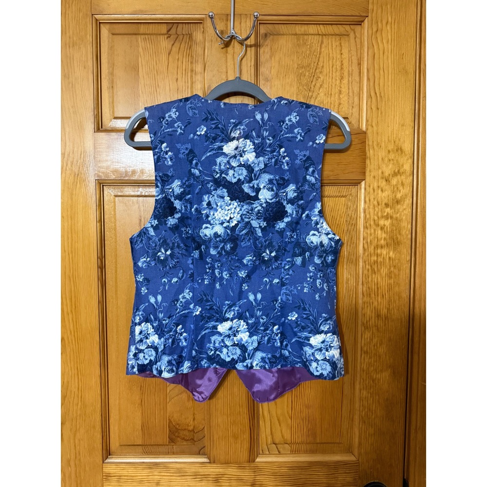 Sharon Young Sportswear Floral Linen Blend Vest Blue Purple V-Neck Medium USA - Picture 4 of 4
